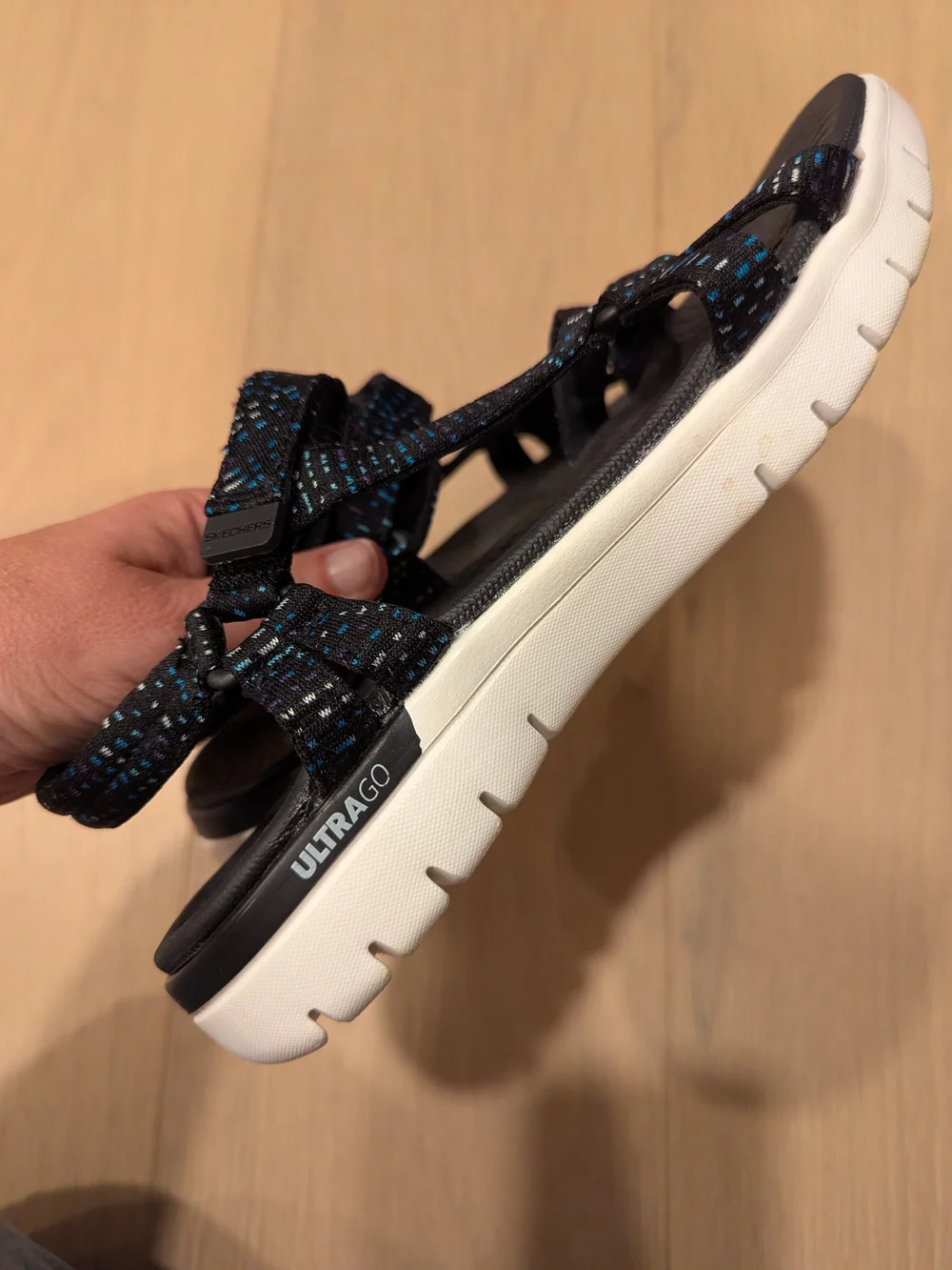 Skechers Women's Black Sandals with Blue Speckle Straps
